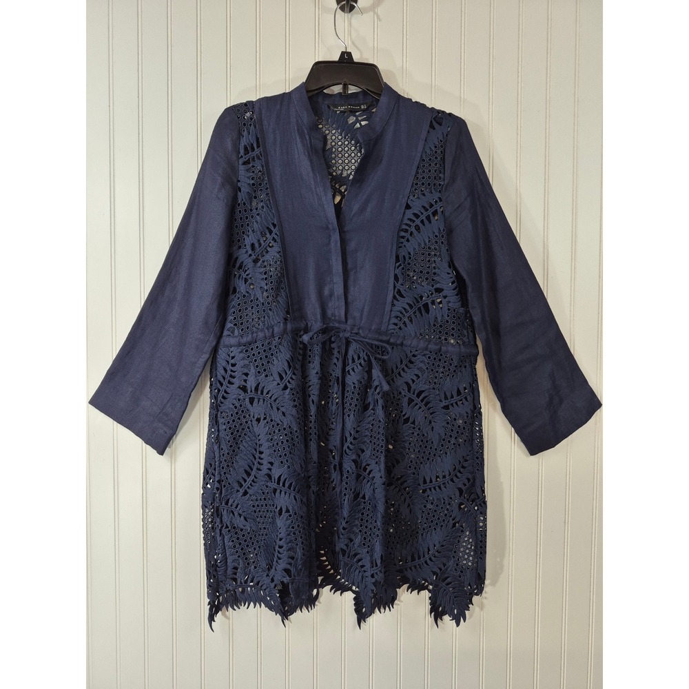NWOT Zara Woman Navy 100% Linen Lace Eyelet Tunic Drawstring Waist Long Top S